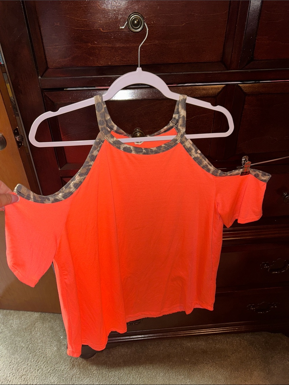 BiBi Neon Coral Cold-Shoulder Tunic with Plaid Trim